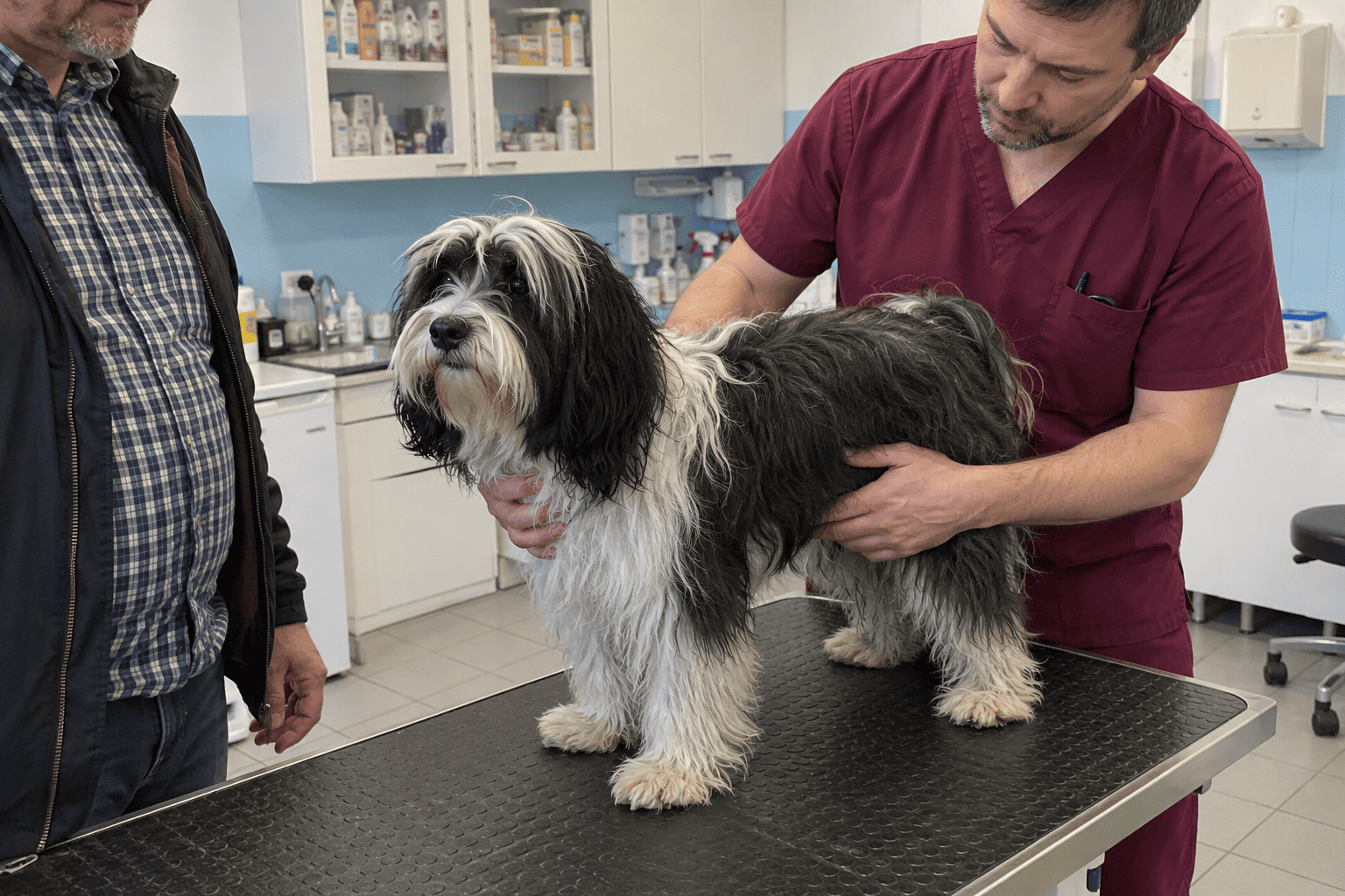 Dlhosrstá fenka na podložke počas konzultácie s veterinárom a majiteľom pred operáciou